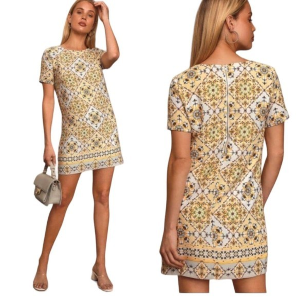 Lulus Womens Dandy Lion Yellow Print Short Sleeve Mini Shift Dress Small‎